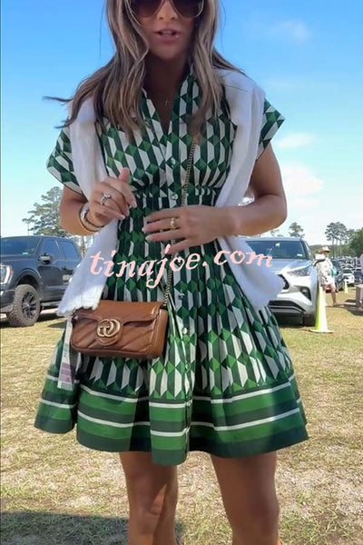 Nash Geometric Tile Print Wide Sleeve Button Up Pocketed Mini Dress
