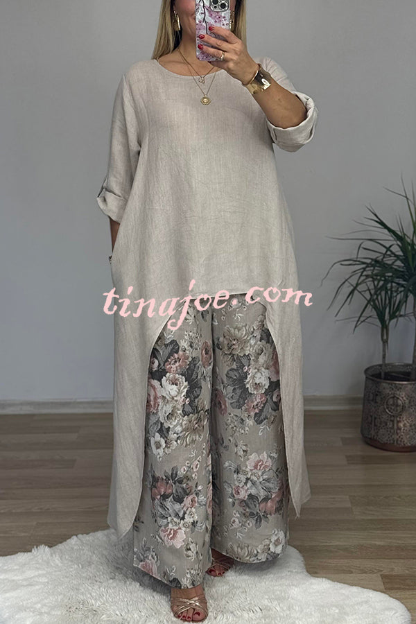 Linen Blend Crew Neck Long Sleeve Irregular Loose Top and Elastic Waist Floral Print Casual Pocket Set