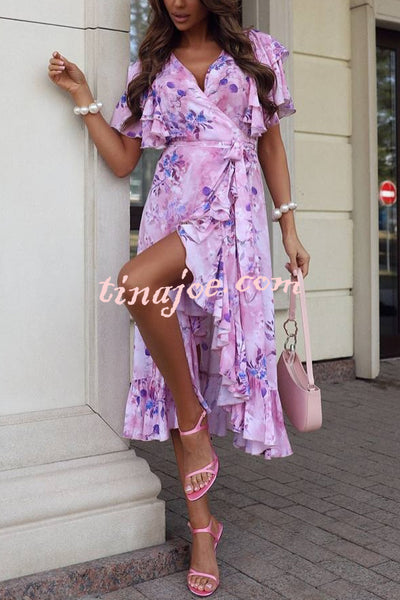 Unique Printed V-neck Ruffled Loose Midi Dress