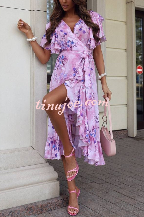 Unique Printed V-neck Ruffled Loose Midi Dress