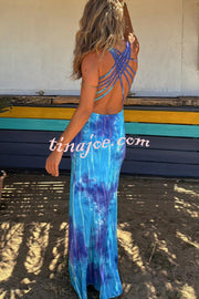 La Bamba Tie-dye Print Back Lace-up Stretch Maxi Dress