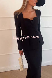 Sculptural Elegance Square Neck Button Blazer and Elastic Waist Pencil Midi Skirt Set