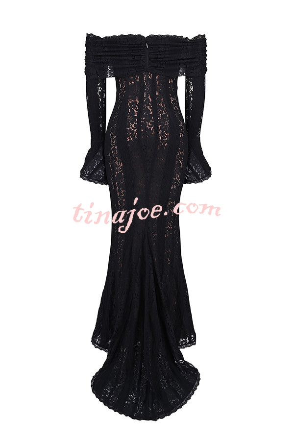 Outline The Curve Floral Lace Off Shoulder Bell Sleeve Stretch Maxi Dress