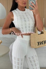 Solid Color Hollow Sleeveless Round Neck Knitted Vest and Stretch Casual Straight Pants Set