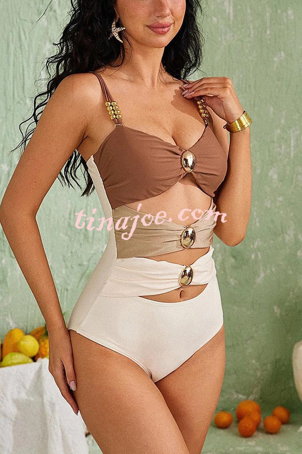 Color Block Patchwork Hollow Metal Decorative Stretch One-piece Swimsuit