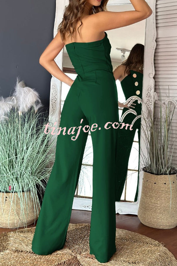 Solid Color Sexy Tube Top Gold Button Embellished Bootcut Jumpsuit