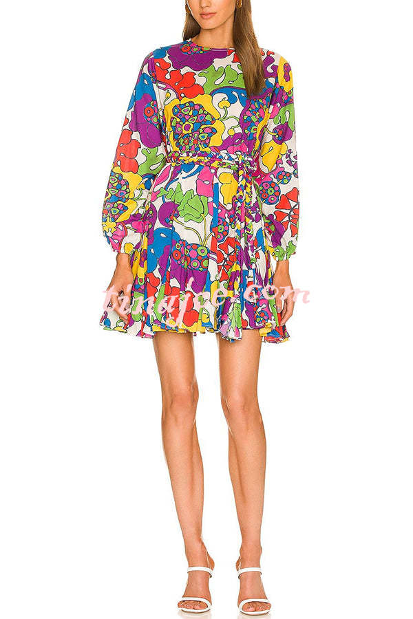 Zola Unique Print Balloon Sleeve Braid Belt Pleated Mini Dress