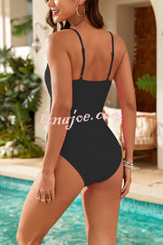 Fashionable Splicing Spaghetti Strap Metal Buckle One-piece Swimsuit