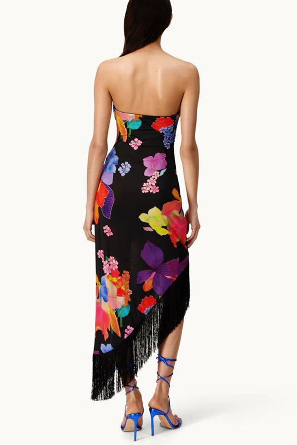 Island Girl Era Floral Print Tassel Trim Bandeau Stretch Midi Dress