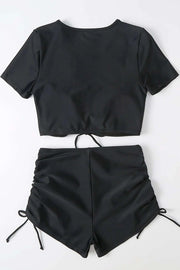 Solid V-Neck Drawstring High-Waist Stretch Two-Piece Bikini Swimsuit