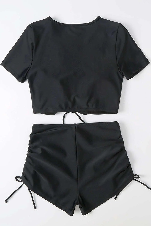 Solid V-Neck Drawstring High-Waist Stretch Two-Piece Bikini Swimsuit