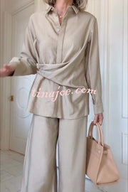 Juliette Cross-front Button Up Long Sleeve Shirt and Elastic Waist Pocket Loose Pants Set