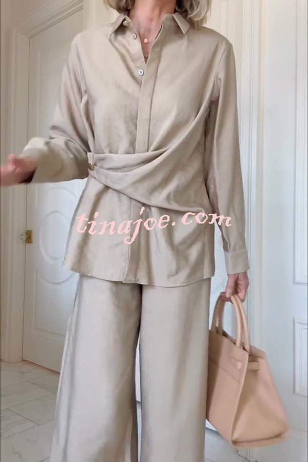 Juliette Cross-front Button Up Long Sleeve Shirt and Elastic Waist Pocket Loose Pants Set
