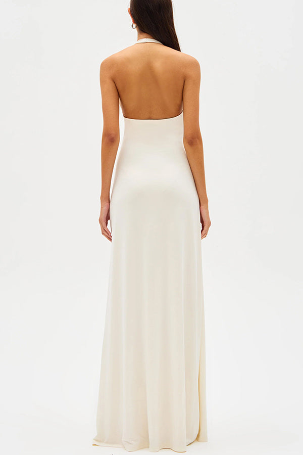 Sexy Silhouette Deep U-neck Halter Waterfall Sash Drape Maxi Dress