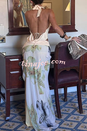 Beautiful Statement Cowl Neck Halter Tank and Floral Ruched Waist Slit Maxi Skirt Set