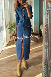 Tessy Denim Metal Button Zipper Shirt Stretch Pencil Slit Midi Dress