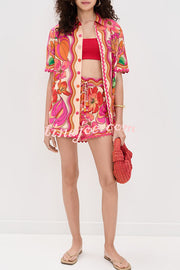 Neima Unique Print Wave Trim Button Up Short Sleeve Shirt and Elastic Waist Pocket Loose Shorts Set