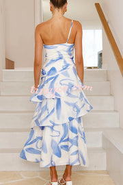 Romantic Season Flower Print One Shoulder Ruched Tiered Maxi Dress