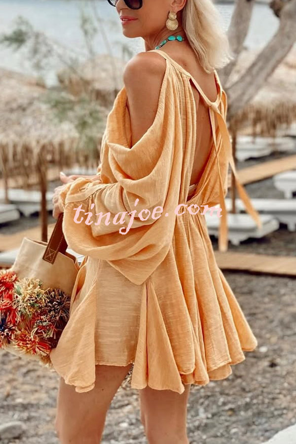 Anita Cold Shoulder Ruched Balloon Sleeve Pleated Hem Loose Mini Dress