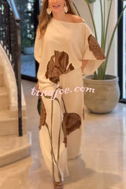 Floral Print Batwing Sleeves Loose-fitting Top and Relaxed Pocket Straight Pants Set