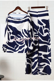 Coco Satin Unique Print Off Shoulder Dolman Sleeve Top and Loose Wide Leg Pants Set