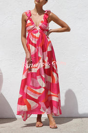 Unique Printed V-neck Ruffled Straps Pleated Back Maxi Dress