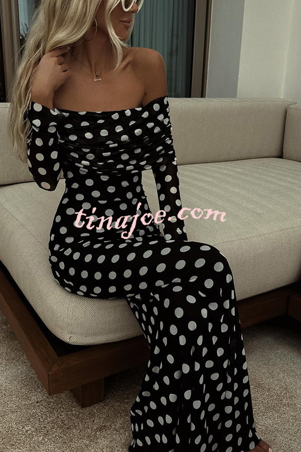 Chic Statement Polka Dot Print Off Shoulder Ruched Stretch Maxi Dress