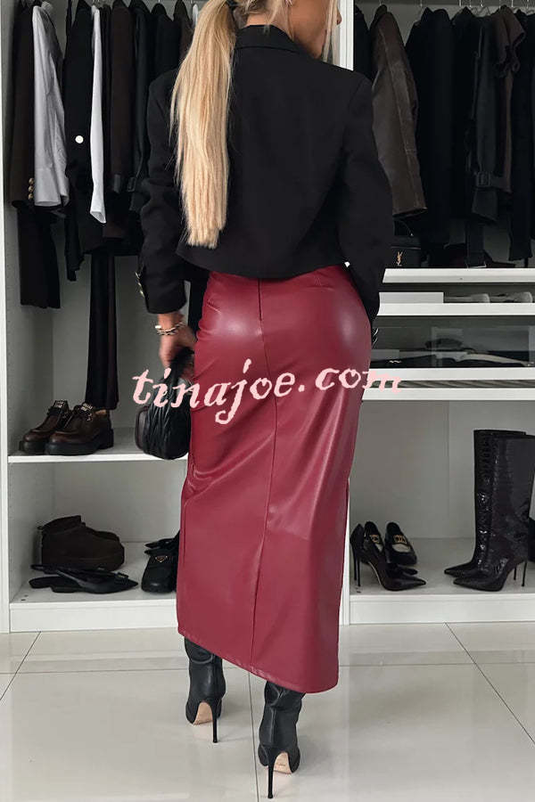 Excellent Partner Faux Leather High Rise Front Slit Stretch Midi Skirt