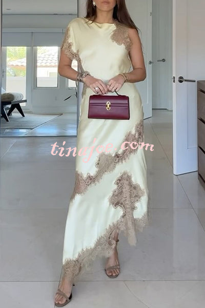 Paris Dream Satin Lace Trim Irregular Design Drape Maxi Dress