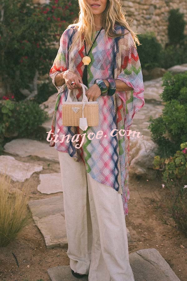 Sun Washed Knit Colorful Zigzag Pattern Asymmetric Hem Loose Cover-ups Kaftan