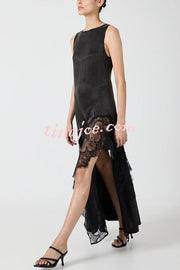 Pretty Soul Satin Lace Trim Wide Neck Irregular Hem Slit Maxi Dress