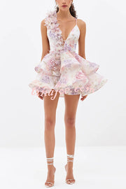 Floral Print V-neck Halter Back Tie Double Layer Mini Dress