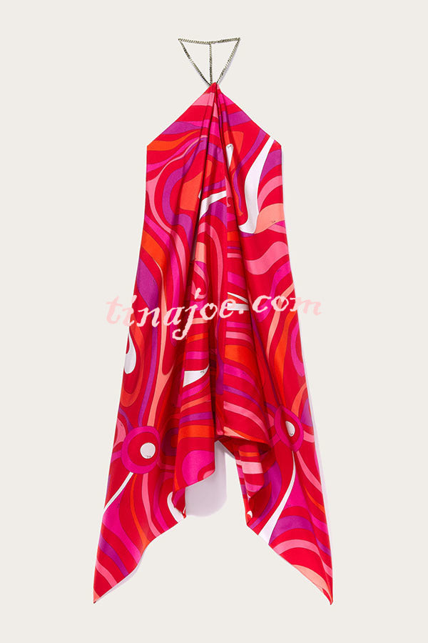 Elmhurst Satin Unique Print Chain Halter Draped Scarf Midi Dress