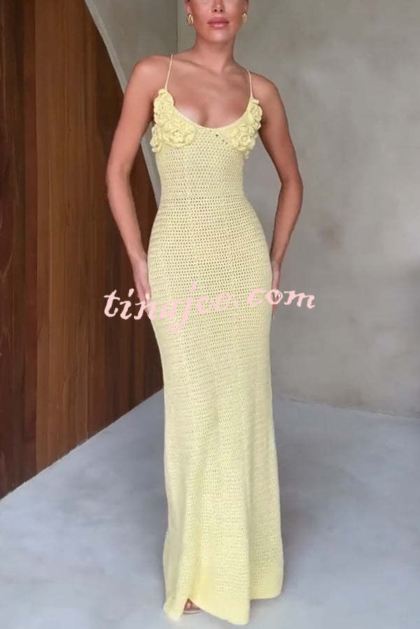 Olivia Crochet Knit Rose Texture Backless Stretch Maxi Dress