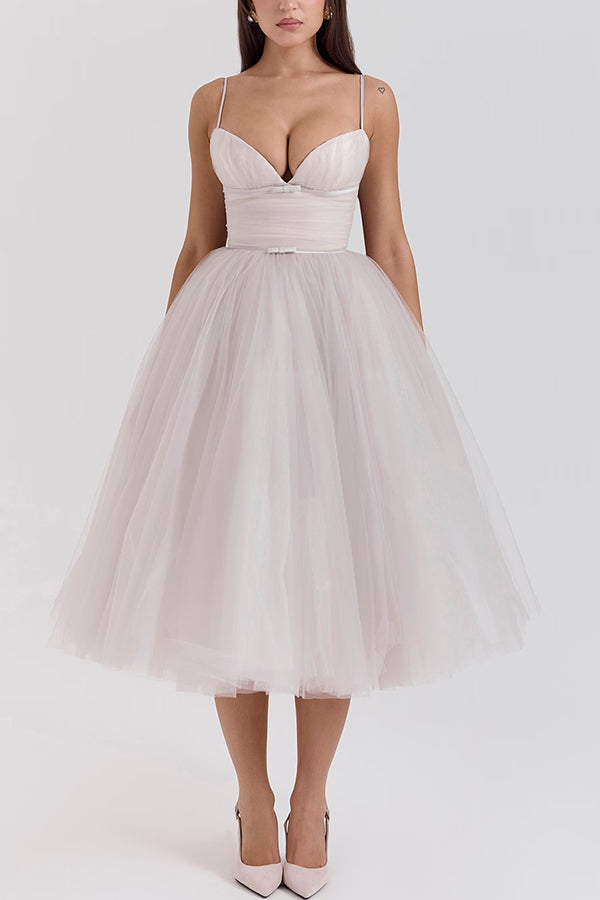 Royal Treatment Tulle Bows Detail Ruched Slip Midi Dress