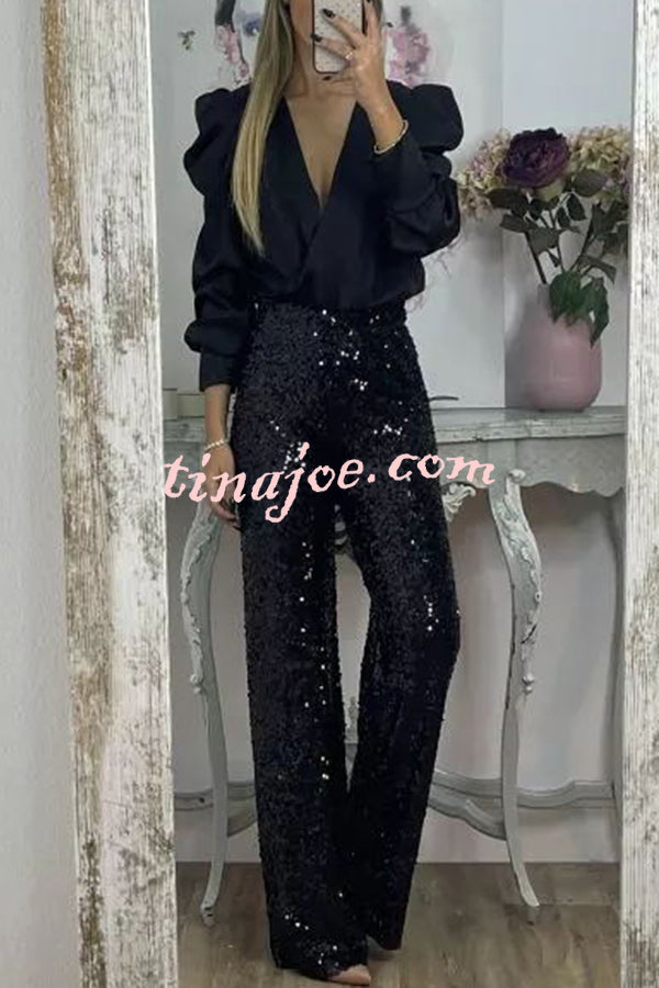 Glitzy Glamour Sequin High Rise Elastic Waist Wide Leg Pants