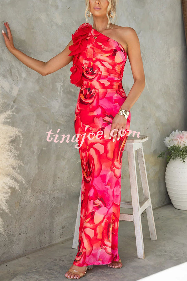 Floral Print Sleeveless 3D Flower One Shoulder Slim Maxi Dress