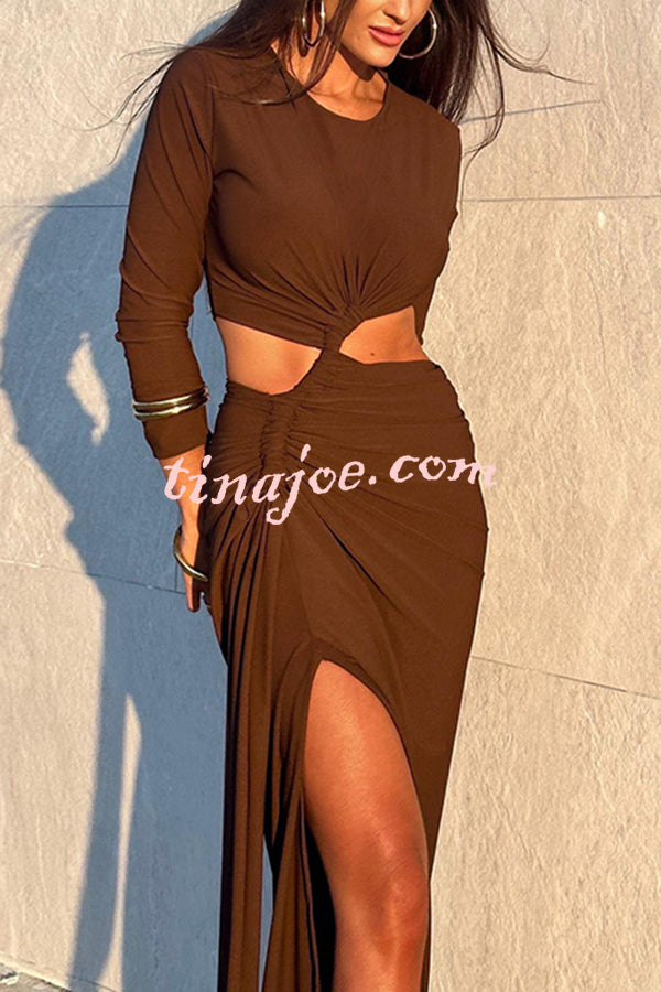 Solid Color Round Neck Long Sleeve Sexy Exposed Waist Slit Maxi Dress