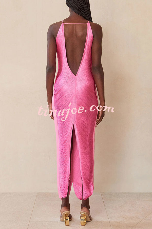 Sexy Allnight Metallic Halterneck Backless Fringed Slit Maxi Dress