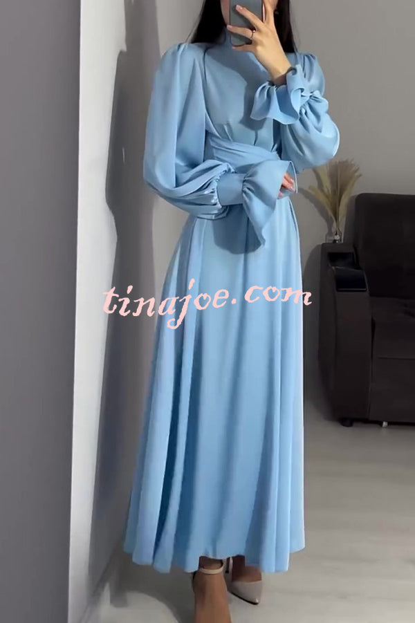 Solid Color Ruffled Sleeves Waisted Tie Slim Fit Maxi Dress