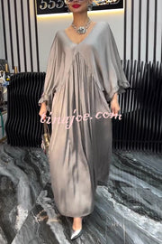 Satin Solid Color V-neck Lotus Leaf Sleeve Loose Pleated Maxi Dress