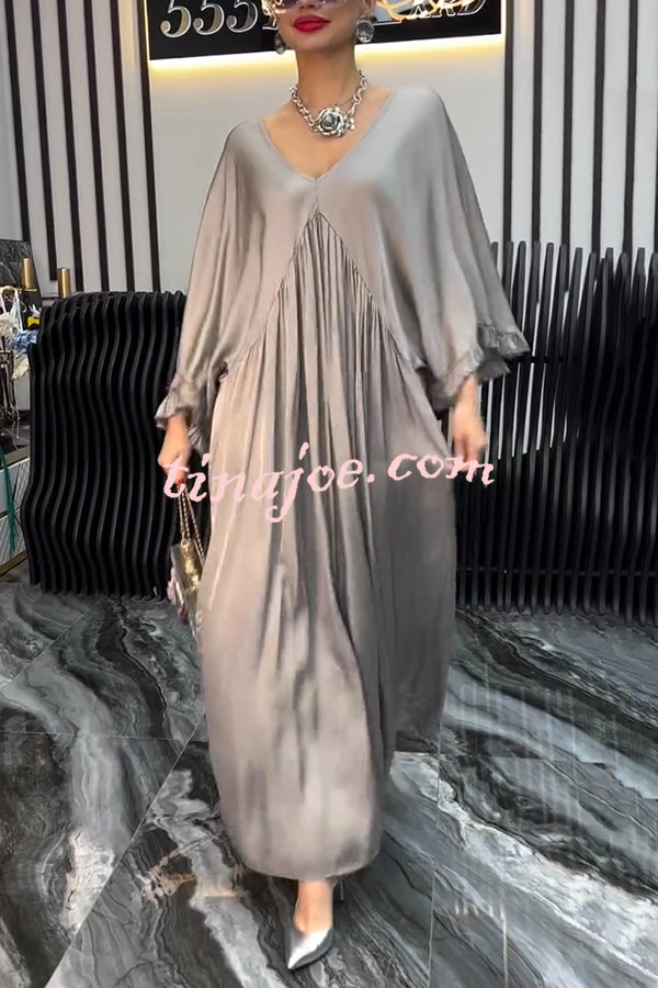 Satin Solid Color V-neck Lotus Leaf Sleeve Loose Pleated Maxi Dress