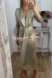 Shiny Lady Metallic Fabric Padded Long Sleeve Tie-up Ruched Midi Dress