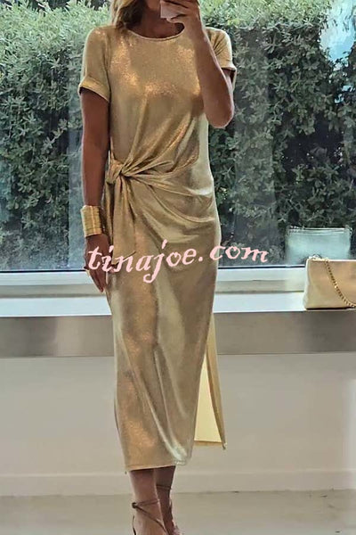 Full of Charming Glitter Fabric Short Sleeve Tie-up Waist Slit Midi Dress