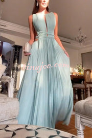 Sexy Sleeveless Open Back Cord Pleated Maxi Dress