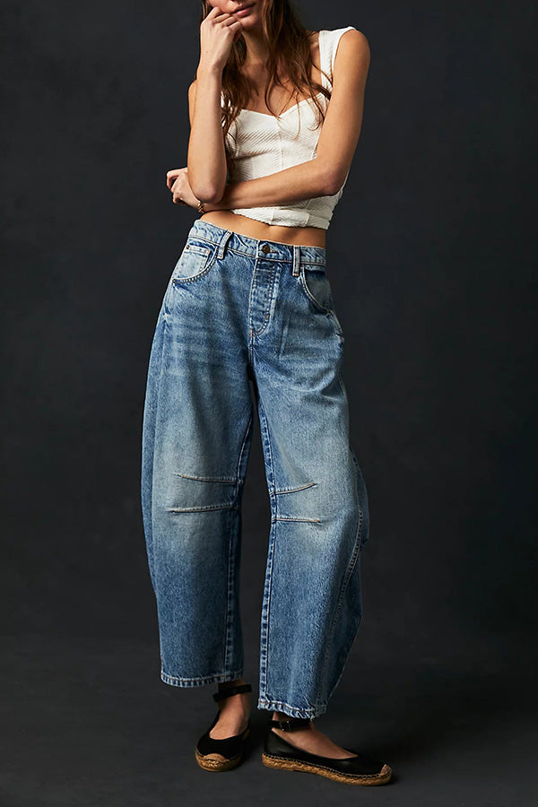 Rina Denim Mid-Rise Pocket Tapered Hem Barrel Jeans