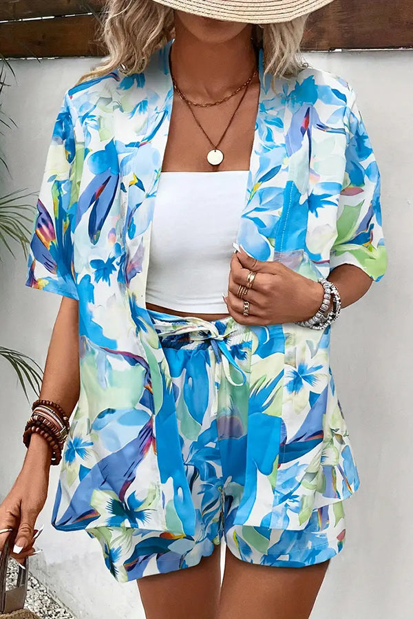Unique Print Vacation Short-sleeved Cardigan Top and Elastic Waist Pocket Shorts Set