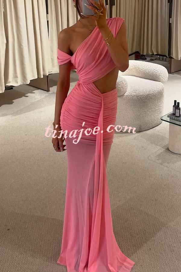 Ceilia Mesh Off Shoulder Cutout Waist Ruched Stretch Maxi Dress