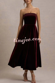 Center of Attention Velvet Satin Neck Bandeau Pleated Midi Dress