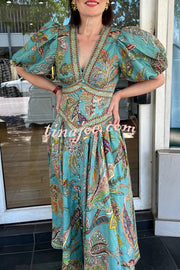 Chic Vacation Linen Blend Unique Print Button Puff Sleeve Pocket Maxi Dress